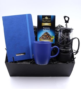 Kişiye Özel Mavi Defter & Mavi Kupa & Siyah French Press & Turunç Bahçesi Bitki Çayı Hediye Seti 