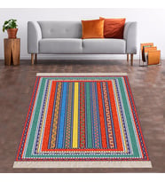 Kilim Desenli Renkli Dijital Baskı Yıkanabilir Kaymaz Taban Leke Tutmaz Etnik Salon Halısı ve Yolluk (Çok Renkli)