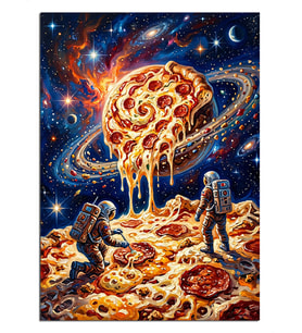 Uzayda Pizza Gezegeni Astronotlar Dekoratif Kanvas - Mdf Ahşap Tablo