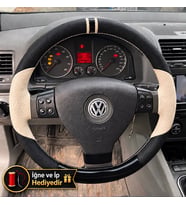 Vw Jetta 5 Dikme Direksiyon Kılıfı Delikli Deri Parlak Siyah Bej Detay Çift Yüzük ve Dikiş 2005-2010