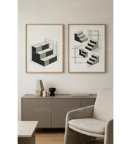 Minimalist Mimari Merdiven ve Geometrik Tasarım 2’li Ahşap Çerçeveli Tablo Seti
