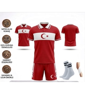 Türkiye Euro 2026 Milli Takım Polo Yaka Kırmızı-Beyaz Çocuk Futbol Forması Özel Tasarım Forma 4 Parça Forma+Şort+Çorap+Bileklik (Kody3)