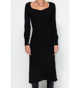 Moda Slim Casual Günlük Tek Plaka Triko Kalp Yaka Uzun Kol Basic Midi Boy Elbise