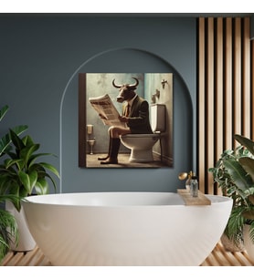 Tekli Kare Kanvas Banyo Tablosu Gazete Okuyan Takım Elbiseli Öküz