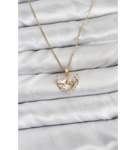 316L Çelik Zincir Gold Renk Kalp ve Fiyonk Model Zirkon Taşlı Kadın Kolye 5886 - SSSSSS1860-927
