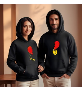 Sevgililer Günü Kombin Erkek Kadın Kalp Kilidi Görselli Kapüşonlu Hoodie Sweatshirt 7016 (Siyah)