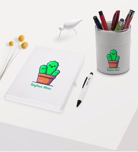 BK Gift Kişiye Özel Kaktüs Tasarımlı Beyaz Defter Kalem ve Kalemlik Hediye Seti - Model 3