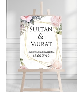 Söz Nişan Düğün İçin 50x70 Karşılama Panosu - Pembe Gül Desenli 003
