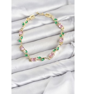 Pirinç Gold Renk Pembe Zirkon Taşlı Çiçek Model Kadın Bileklik TJ-BB8589