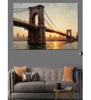 Gün Batımında New York Brooklyn Köprüsü Dekoratif Kanvas - Mdf Ahşap Tablo