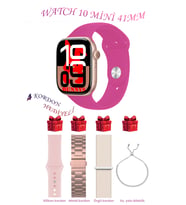 Samsung Galaxy Z Fold4 Uyumlu Pembe Akıllı Saat Watch 10 Mini Kordon Hediyeli AMOLED EKRAN 41MM (Pembe-Pembe)