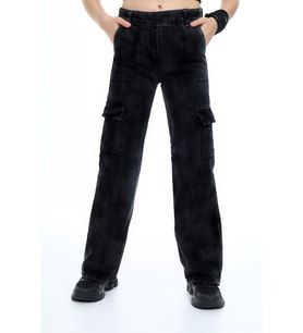 Kız Çocuk Kargo Cepli Beli Lastikli Jean Pantolon 8-12 Yaş Mnx217 ANGELOS GIRLS (Siyah)