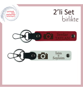 Çekilen Her Karede Aşk, Kamera Motifli Kişiselleştirilebilir İsimli Anahtarlık Takımı, Kırmızı-Beyaz