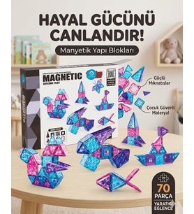 Manyetik Yapı Blokları Çocuklar İçin 3 Boyutlu Renkli Mıknatıslı 70 Parça Manyetik Blok Oyun Seti