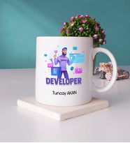 Developer Tasarımlı Kişiye Özel Hediye Developer Kupa Bardak ve Taş Bardak Altlığı Hediye Seti