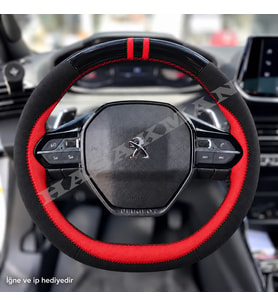 Peugeot Rifter Dikme Direksiyon Kılıfı Parlak Siyah Kırmızı Detaylı Kırmızı Çift Yüzük ve Dikiş 2021-2024
