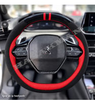 Peugeot Rifter Dikme Direksiyon Kılıfı Parlak Siyah Kırmızı Detaylı Kırmızı Çift Yüzük ve Dikiş 2021-2024