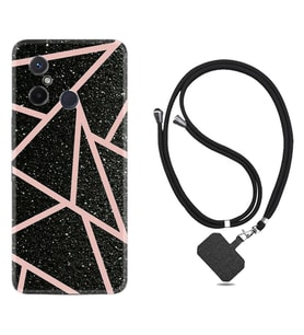 Xiaomi Redmi 12C Kılıf Resimli Boyun Askılı İpli Desenli Silikon Pembe Şeritli Mermer 1312