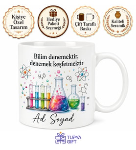Fen Bilgisi Öğretmenine Hediye Deney Temalı Baskılı Porselen Kupa Bardak