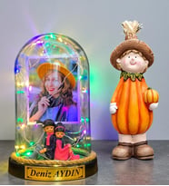 Size Özel Fotoğraflı Yazılı Renkli Led Işıklı Fanus ve Bal Kabağı Biblosu (Model 7)