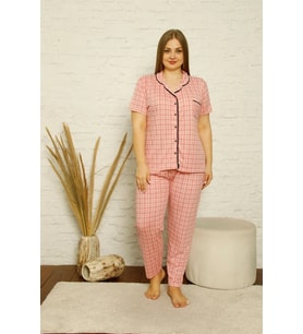 Kadın Pamuklu Cepli Kısa Kol Büyük Beden Pijama Takım Pembe