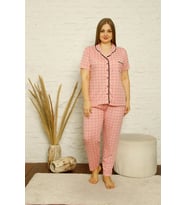 Kadın Pamuklu Cepli Kısa Kol Büyük Beden Pijama Takım Pembe
