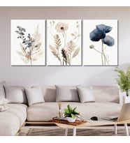 3'lü Kanvas Duvar Tablosu Pastel Soft Mavi Çiçekler