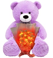Premium 90 cm Peluş Ayı ve LED Işıklı 9'lu Kırmızı Yumoş Peluş Ayıcık Buketi (Lila)