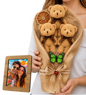 Peluş Ayıcık Buketi Hediyesi Ahşap Fotoğraf Çerçeveli Büyük Boy Kahverengi Peluş Ayıcık Buketi