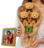 Peluş Ayıcık Buketi Hediyesi Ahşap Fotoğraf Çerçeveli Büyük Boy Kahverengi Peluş Ayıcık Buketi