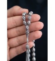 925 Ayar Oval Kesim 3 Kamçılı Püskül Orta Boy Zırh Örgü Desenli Otantik Gümüş Tesbih 17,5Gr