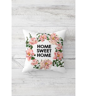 Çiçekli Home Sweet Home Çift Tarafı Baskılı Gizli Fermuarlı Dekoratif Kırlent Koltuk Yastık Kılıfı (Pembe)