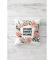 Çiçekli Home Sweet Home Çift Tarafı Baskılı Gizli Fermuarlı Dekoratif Kırlent Koltuk Yastık Kılıfı (Pembe)