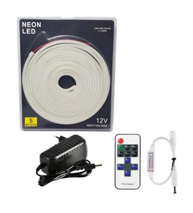 5 Metre 12 Volt 6x12 mm Esnek 6500K Beyaz Neon Led 12A Tek Renk Kumandalı RF Dimmer 3A Plastik Adapt