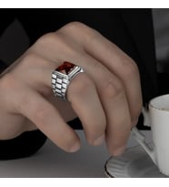 Kırmızı Zirkon taşlı 925 Ayar Gümüş Erkek Yüzük