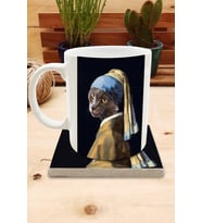 Kediler ve Sanat/Johannes Vermeer İnci Küpeli Kız Set 8 - Standart Kupa-Taş Bardak Altlığı 1