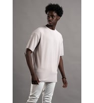 Oversize (Bol Kesim) Kalın Fitilli Bisiklet Yaka Kısa Kol T-shirt (Taş)