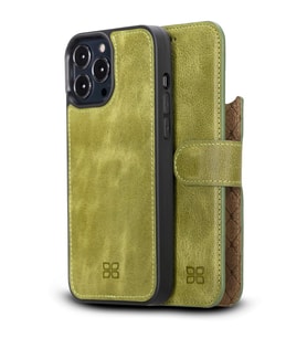 Bouletta Apple iPhone 13 Pro Max Uyumlu Deri Cüzdanlı Kılıf TN19 Yağ Yeşili
