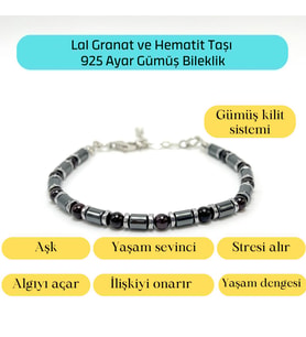 Sertifikalı Lal Granat ve Hematit  925 Ayar Doğal Taş Gümüş Bileklik 4mm