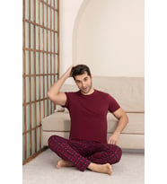 Erkek Ekose Desen Düğmesiz Yuvarlak Yaka Modal Yazlık Kısa  Kol Cepli Pijama Takımı (Bordo)