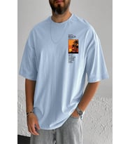 Erkek Beach Baskılı Oversize Tshirt (Bebe Mavi)
