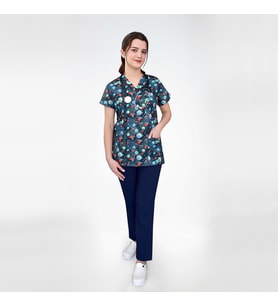 Unisex Virüs Desenli Master Likralı Doktor Hemşire Scrubs  Alt Üst Takım (Karışık)