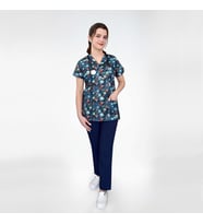 Unisex Virüs Desenli Master Likralı Doktor Hemşire Scrubs  Alt Üst Takım (Karışık)
