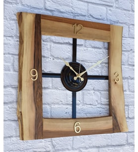 Markakanvas Doğal Ceviz Masif Ahşap,Metal Kare Duvar Saati 50x50cm
