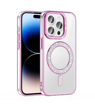 iPhone 14 Pro Max Kılıf Pırlanta Taş Tasarımlı M-safe Şarj Özellikli Karetta Silikon Kapak (Rose)