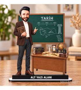 Kişiye Özel Erkek Tarih Öğretmeni Karikatürlü 18 cm MDF Masaüstü Biblo - Öğretmen Hediyesi Öğretmene Özel Hediye