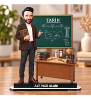 Kişiye Özel Erkek Tarih Öğretmeni Karikatürlü 18 cm MDF Masaüstü Biblo - Öğretmen Hediyesi Öğretmene Özel Hediye