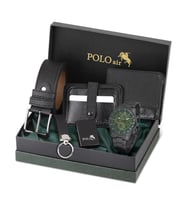 Polo Air  Erkek Kemer Cüzdan Kartlık Çakmak Anahtarlık Kol Saati Hediyelik Kutusunda Set PL-0962E (Siyah-Yeşil)