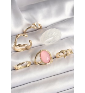 Pirinç Gold Renk Zirkonlı Oval Pembe Mineli 6'Lı Kadın Yüzük Seti (Altın)