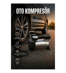 Ağır Hizmet Tipi 12V Oto Lastik Kompresörü 140 PSI Manometreli Metal Gövdeli